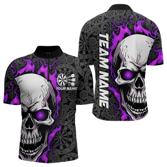 Black And Purple Flame Skull Custom Dart Quarter-Zip Shirts For Men, Fire Dart Team Jerseys IPHW8497