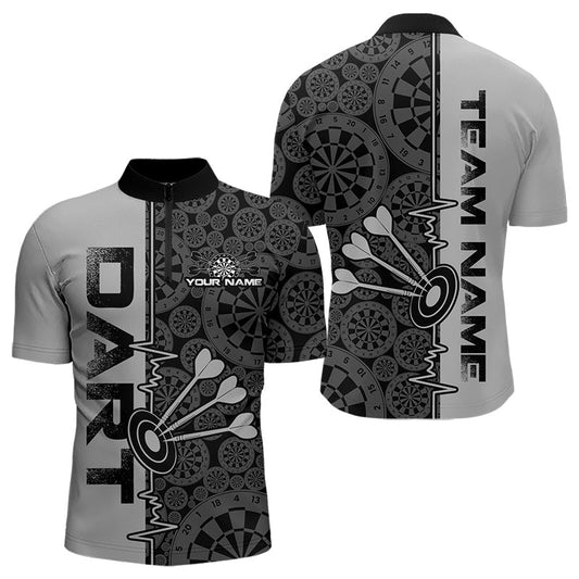 Custom Black And Gray Dart Jerseys, Dartboad Pattern Grunge Dart Team Quarter-Zip Shirts For Men IPHW8513