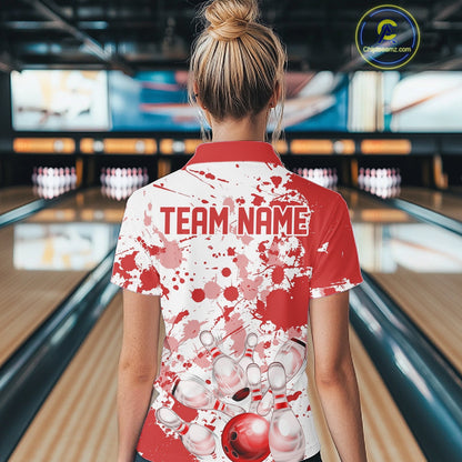 Custom Red Splatter Bowling Team League Shirts For Women, Bowling Jerseys Bowler Outfit IPHW10593