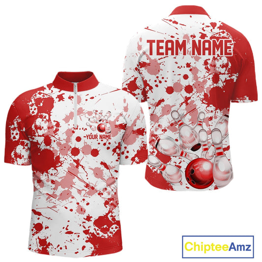 Custom Red Splatter Bowling Team League Shirts For Men, Bowling Jerseys Bowler Outfit IPHW10593