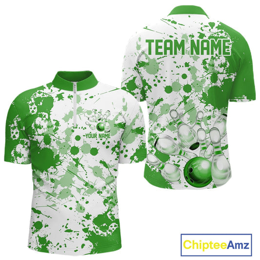 Custom Green Splatter Bowling Team League Shirts For Men, Bowling Jerseys Bowler Outfit IPHW10594