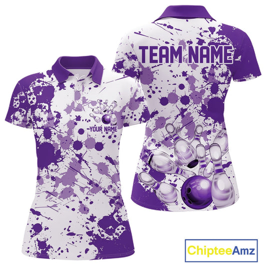 Custom Purple Splatter Bowling Team League Shirts For Women, Bowling Jerseys Bowler Outfit IPHW10595