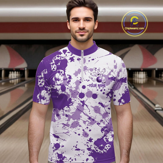 Custom Purple Splatter Bowling Team League Shirts For Men, Bowling Jerseys Bowler Outfit IPHW10595