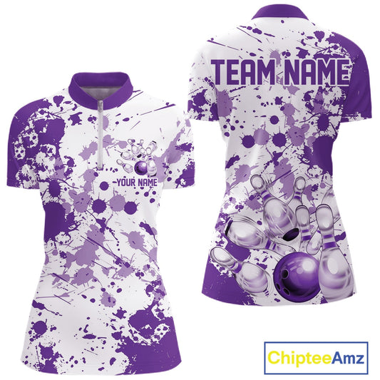 Custom Purple Splatter Bowling Team League Shirt For Women, Bowling Jersey Bowler Outfit IPHW10595
