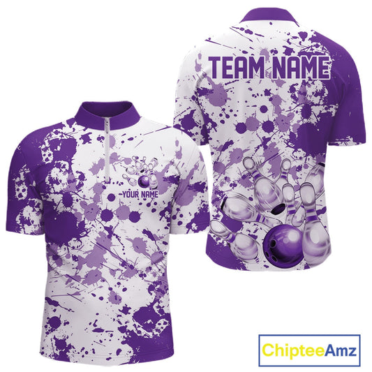 Custom Purple Splatter Bowling Team League Shirts For Men, Bowling Jerseys Bowler Outfit IPHW10595