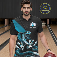 Load image into Gallery viewer, Custom Black And Blue Cobra Snake Bowling Team Jerseys, Men Bowling Polo Shirts IPHW11086