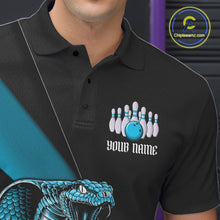 Load image into Gallery viewer, Custom Black And Blue Cobra Snake Bowling Team Jerseys, Men Bowling Polo Shirts IPHW11086