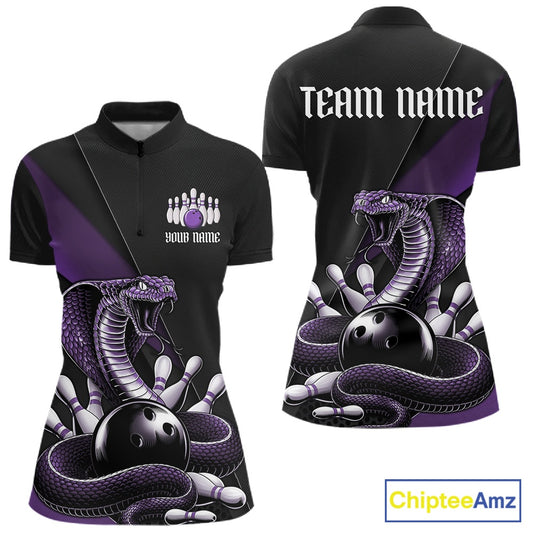 Front and back womens black bowling quarter-zip featuring a purple cobra coiled around a bowling ball and scattered pins.