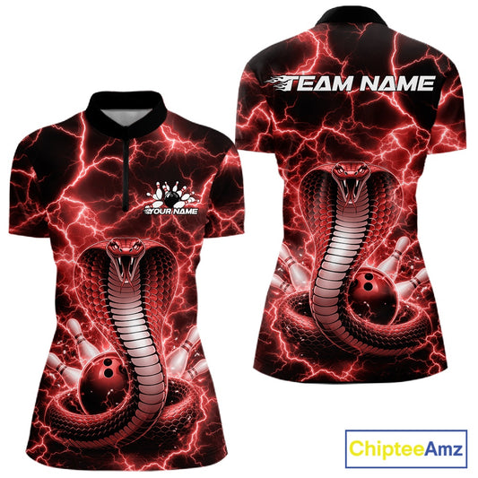 Front and back womens bowling quarter-zip showcasing a red cobra coiled around a bowling ball with an electrifying lightning background.