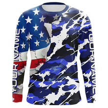 Load image into Gallery viewer, Custom American Flag Blue Camo Long Sleeve Shirts, Patriotic Performance Fishing Shirts IPHW6535