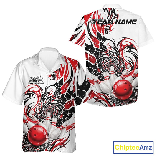 Front and back button-up bowling shirt mockup in white with a red and black tribal honeycomb pattern and glossy red bowling strike artwork