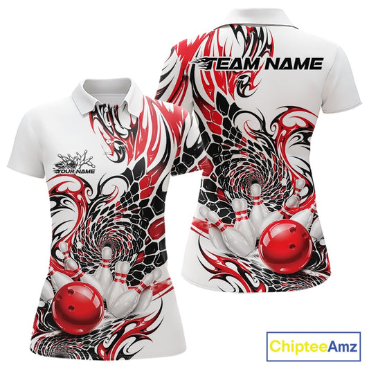 Womens white bowling polo shirt mockup displayed from front and back with red and black tribal artwork and a red bowling action scene