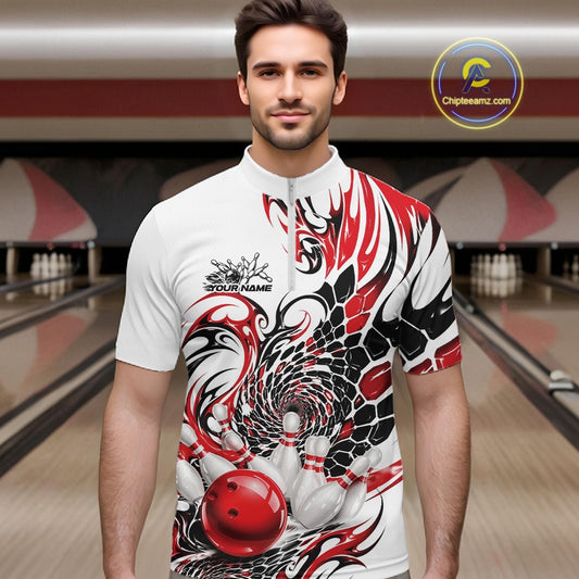 Front view of a male model in a white bowling quarter zip showcasing a red and black tribal pattern with glossy red bowling action graphics inside a bowling center