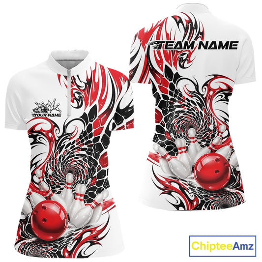 Womens white bowling quarter-zip mockup displayed from front and back with red and black tribal artwork, textured scale motifs, and bowling pin graphics