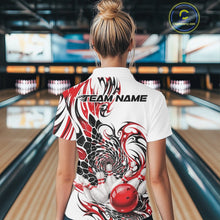 Load image into Gallery viewer, Back view of a female model in a white bowling quarter-zip shirt with red and black tribal graphics and textured pattern details