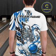 Load image into Gallery viewer, Back view of a male model wearing a white bowling polo shirt featuring blue and black tribal graphics, scale-inspired textures, and a red bowling ball illustration