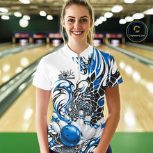 Load image into Gallery viewer, White bowling quarter-zip worn by a female model, featuring blue and black tribal accents, scale-like patterns, and bowling-themed artwork