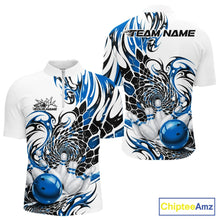 Load image into Gallery viewer, Mens white bowling quarter zip shirt mockup shown from front and back with blue and black tribal scale graphics and a glossy red bowling strike motif
