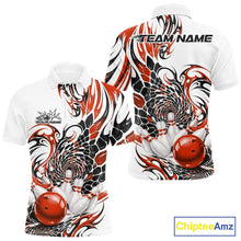Load image into Gallery viewer, Front and back mockup of a mens white bowling polo shirt with orange and black tribal graphics and a glossy red bowling ball illustration