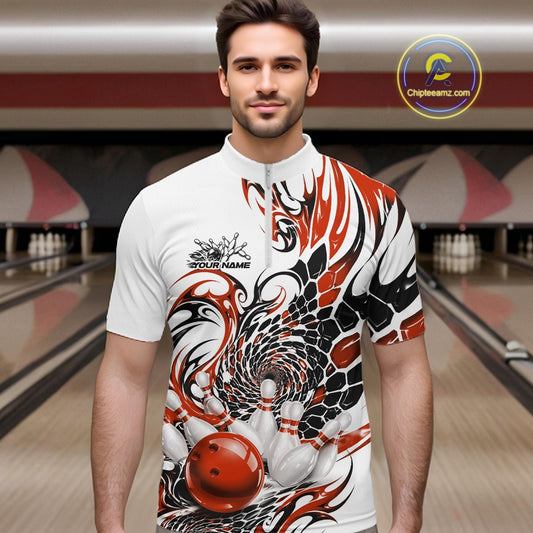 Male model wearing a white bowling quarter-zip with orange and black tribal motifs, scale-inspired textures, and a red bowling action graphic