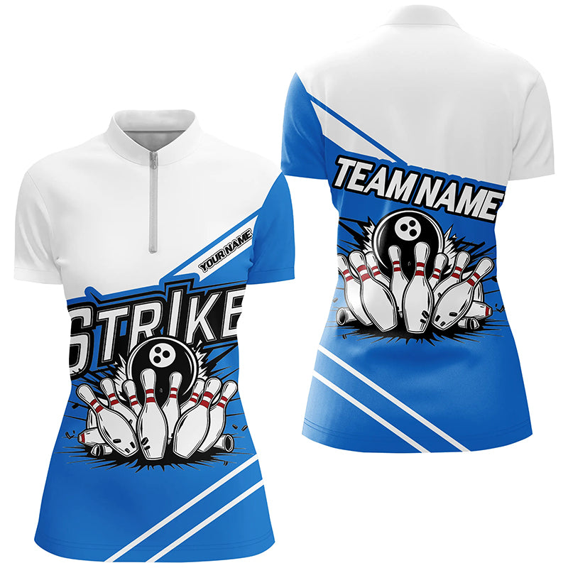 Blue Strike Bowling Shirts For Women, Custom Team Name Bowling Jerseys Bowlers Outfits IPHW6691