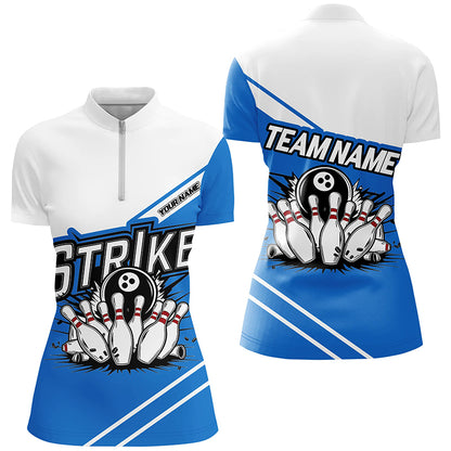 Blue Strike Bowling Shirts For Women, Custom Team Name Bowling Jerseys Bowlers Outfits IPHW6691
