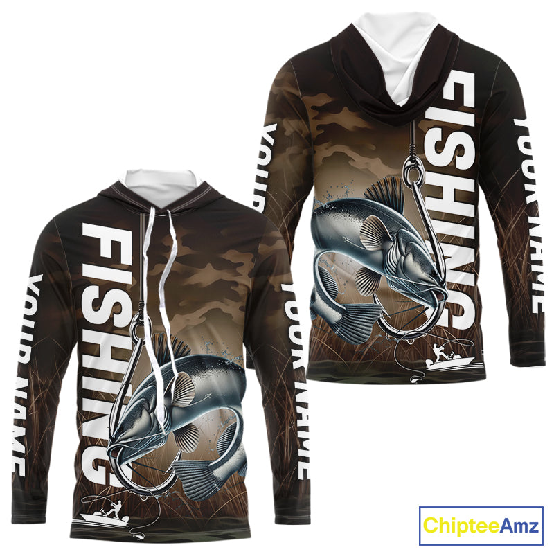 Brown Camouflage Fish Hook Custom Catfish Long Sleeve Hooded Tournament Fishing Shirts IPHW9213