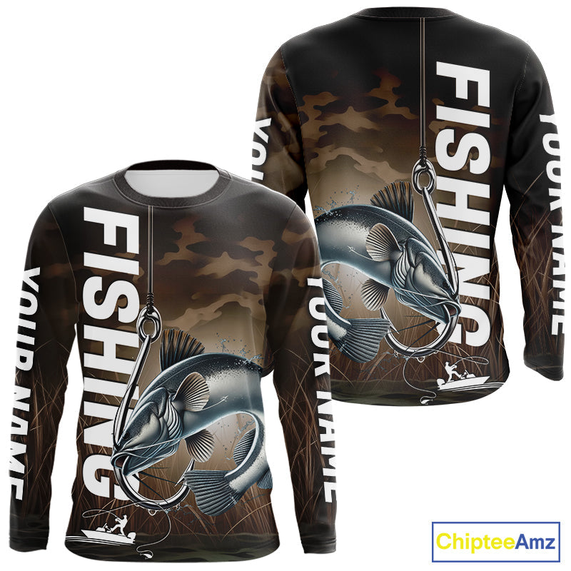 Brown Camouflage Fish Hook Custom Catfish Long Sleeve Tournament Fishing Shirts IPHW9213