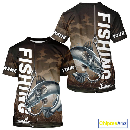 Brown Camouflage Fish Hook Custom Catfish Tournament Fishing T-Shirts IPHW9213