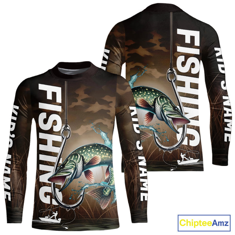 Brown Camouflage Fish Hook Custom Pike Kid Long Sleeve Tournament Fishing Shirts IPHW9214