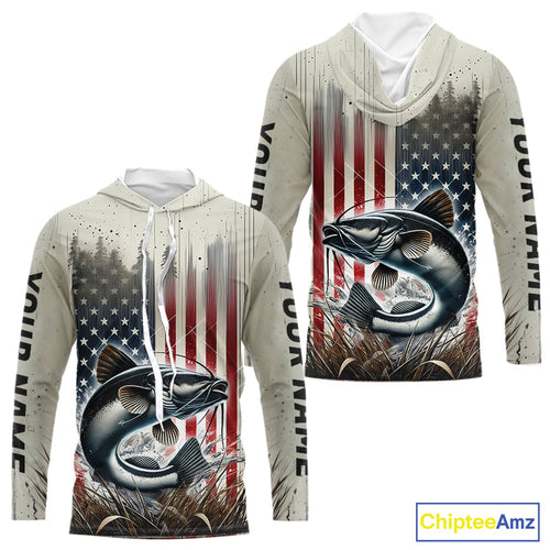 Custom Patriotic US Flag Catfish Long Sleeve Hooded Fishing Shirts, Catfish Fishing Jerseys IPHW9217