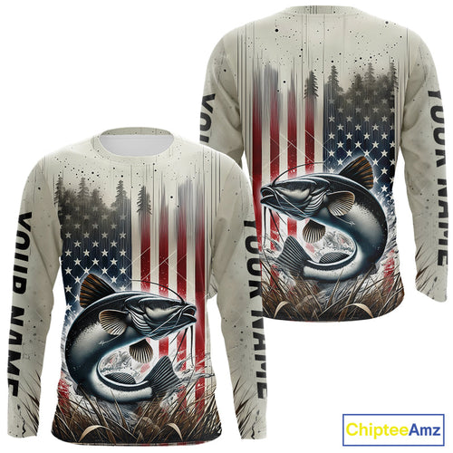 Custom Patriotic US Flag Catfish Long Sleeve Fishing Shirts, Catfish Fishing Jerseys IPHW9217
