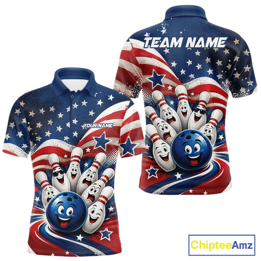 Front and back view of a men's bowling polo shirt mockup featuring a funny bowling ball surrounded by cheerful animated pins with flowing American flag waves and scattered stars.