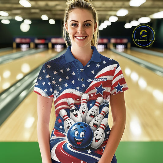 Front view of a female model wearing a bowling polo shirt featuring a funny bowling ball surrounded by cheerful animated pins with flowing American flag waves and scattered stars in a bowling lane.