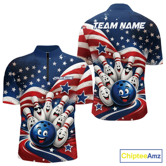 Front and back view of a men's bowling quarter zip shirt mockup featuring a funny bowling ball surrounded by cheerful animated pins with flowing American flag waves and scattered stars.
