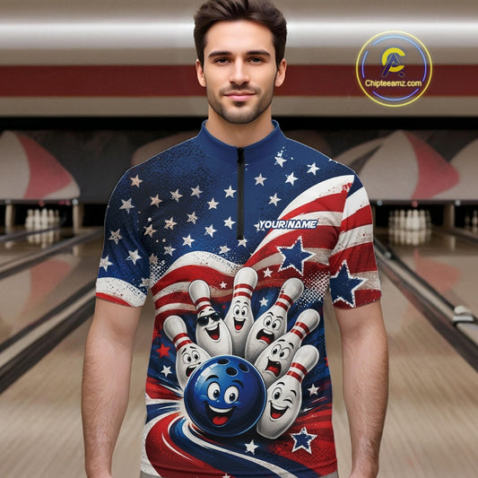 Front view of a male model wearing a bowling quarter zip shirt featuring a funny bowling ball surrounded by cheerful animated pins with flowing American flag waves and scattered stars in a bowling lane.