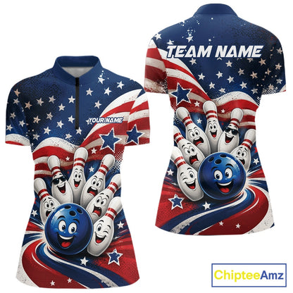 Front and back view of a women's bowling quarter zip mockup featuring a funny bowling ball surrounded by cheerful animated pins with flowing American flag waves and scattered stars.