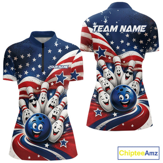 Front and back view of a women's bowling quarter zip mockup featuring a funny bowling ball surrounded by cheerful animated pins with flowing American flag waves and scattered stars.