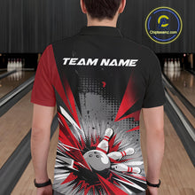 Load image into Gallery viewer, Custom Black And Red Grunge Bowling Ball And Pins Explosion Team Polo Shirts For Men IPHW9547