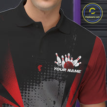 Load image into Gallery viewer, Custom Black And Red Grunge Bowling Ball And Pins Explosion Team Polo Shirts For Men IPHW9547
