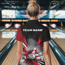 Load image into Gallery viewer, Custom Black And Red Grunge Bowling Ball And Pins Explosion Team Polo Shirts For Women IPHW9547