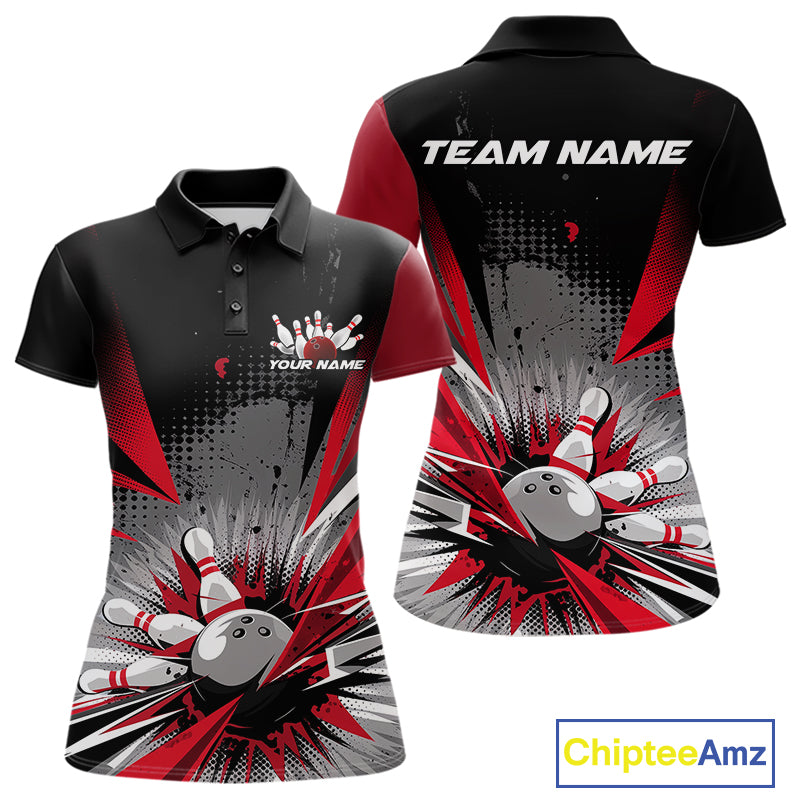 Custom Black And Red Grunge Bowling Ball And Pins Explosion Team Polo Shirts For Women IPHW9547