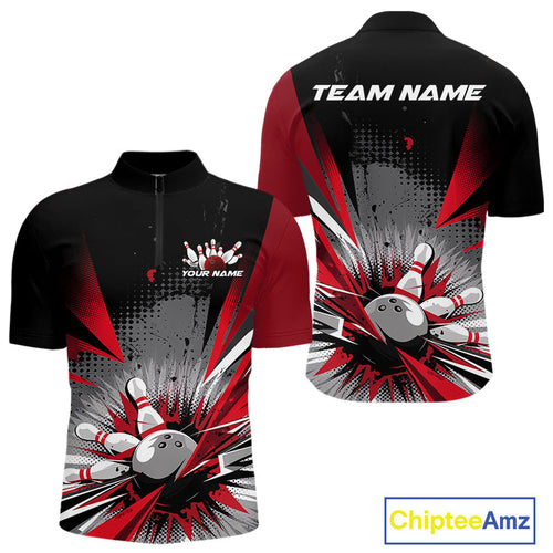 Custom Black And Red Grunge Bowling Ball And Pins Explosion Team Quarter-Zip Shirts For Men IPHW9547