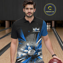 Load image into Gallery viewer, Custom Black And Blue Grunge Bowling Ball And Pins Explosion Team Polo Shirts For Men IPHW9548