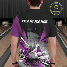 Load image into Gallery viewer, Custom Black And Purple Grunge Bowling Ball And Pins Explosion Team Polo Shirts For Men IPHW9549