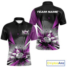 Load image into Gallery viewer, Custom Black And Purple Grunge Bowling Ball And Pins Explosion Team Polo Shirts For Men IPHW9549