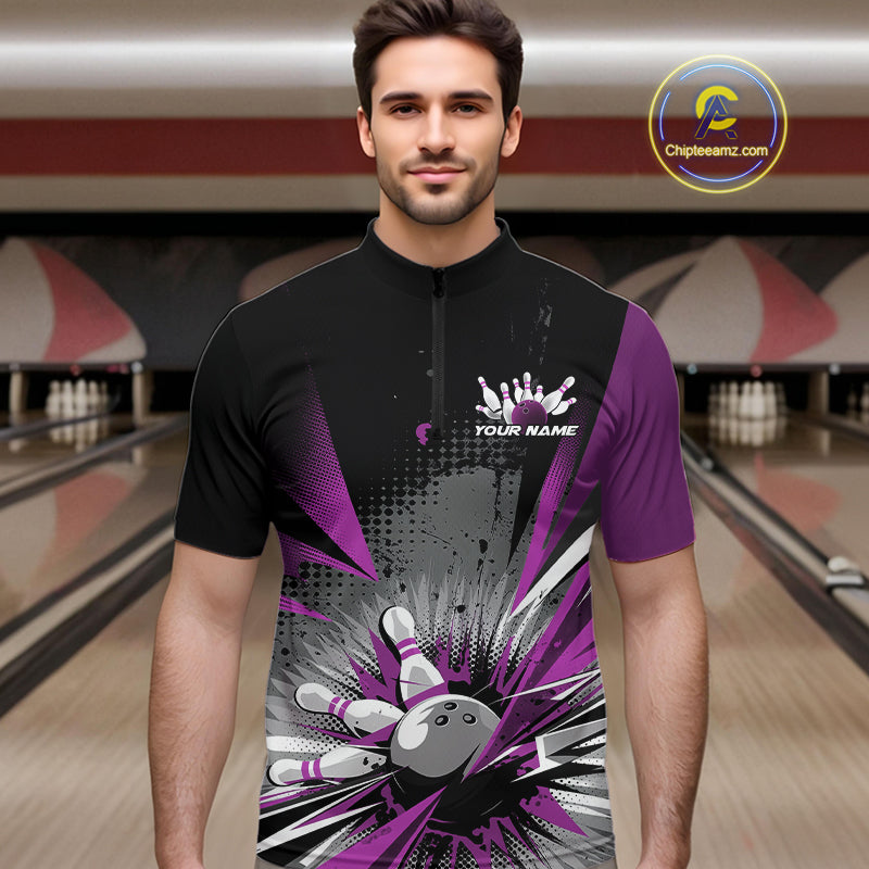 Custom Black And Purple Grunge Bowling Ball And Pins Explosion Team Quarter-Zip Shirts For Men IPHW9549