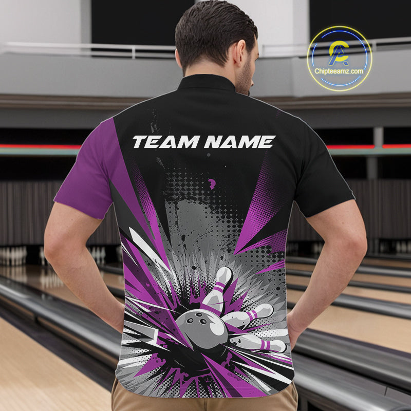 Custom Black And Purple Grunge Bowling Ball And Pins Explosion Team Quarter-Zip Shirts For Men IPHW9549