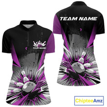 Load image into Gallery viewer, Custom Black And Purple Grunge Bowling Ball And Pins Explosion Women Quarter-Zip Shirt IPHW9549