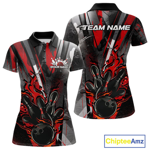 Custom Grunge Black And Red Fire Flame Bowling Women Polo Shirt, Bowling Team Uniform IPHW9555